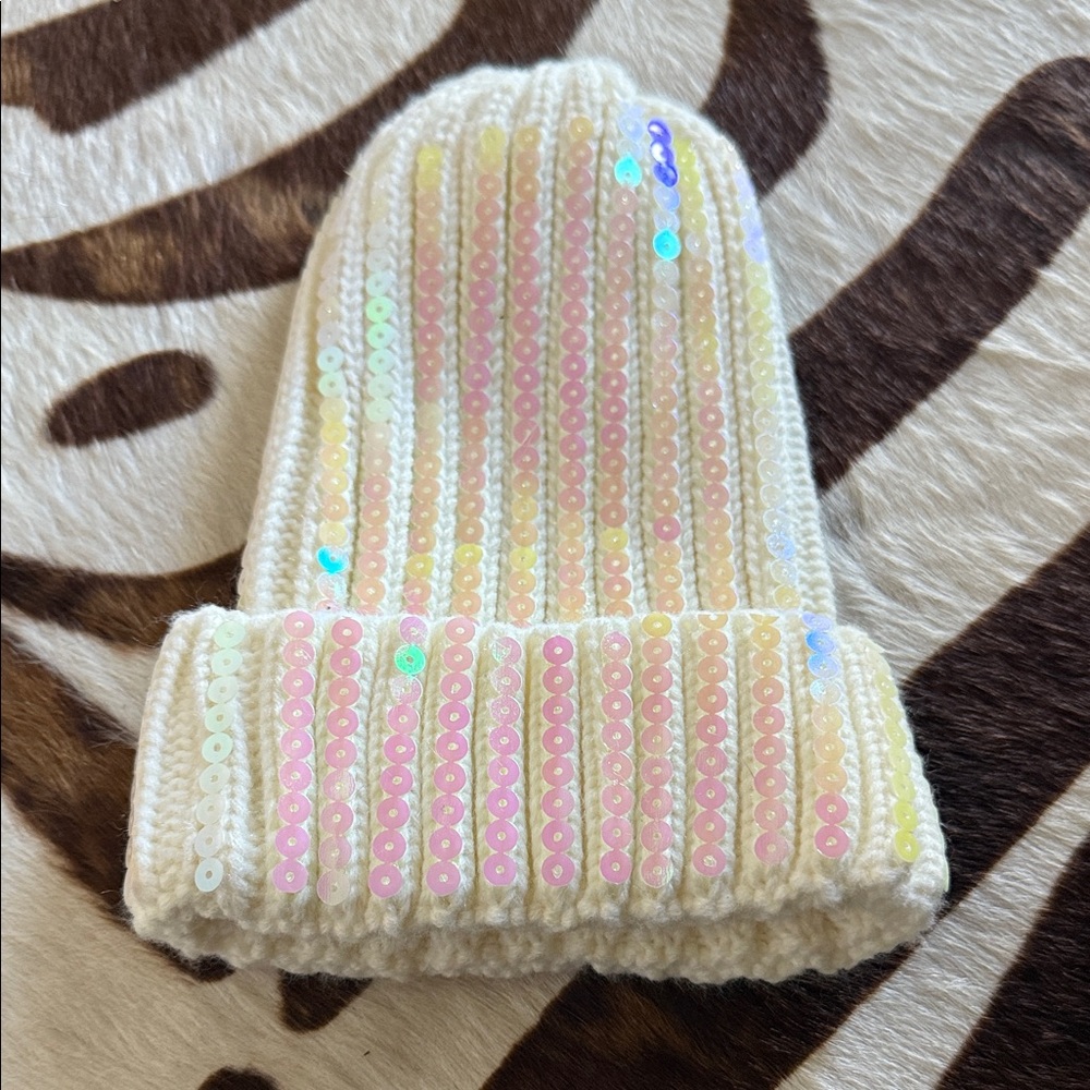 Elegant Sequin Beanie - Cream and Pink